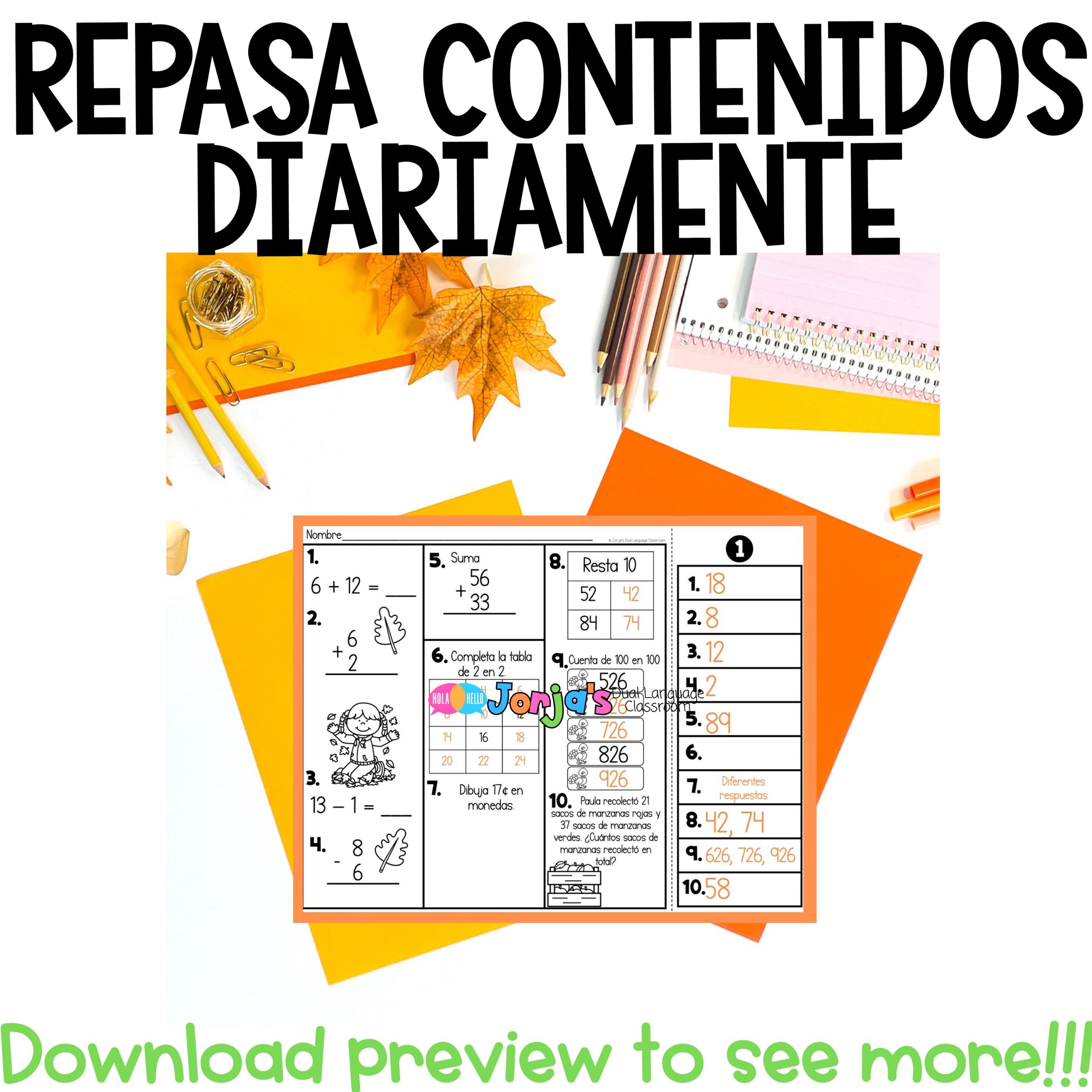 Repaso diario tercero noviembre Math in Spanish Spiral Review 2nd - Image 2