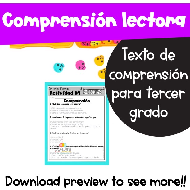 Día de los Muertos POEMA Day of the Dead Comprensión lectora 3rd Grade Spanish - Image 2